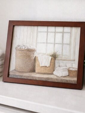 Farmhouse Laundry Room Wall Art Framed Neutral Basket Print Rustic Cottage
